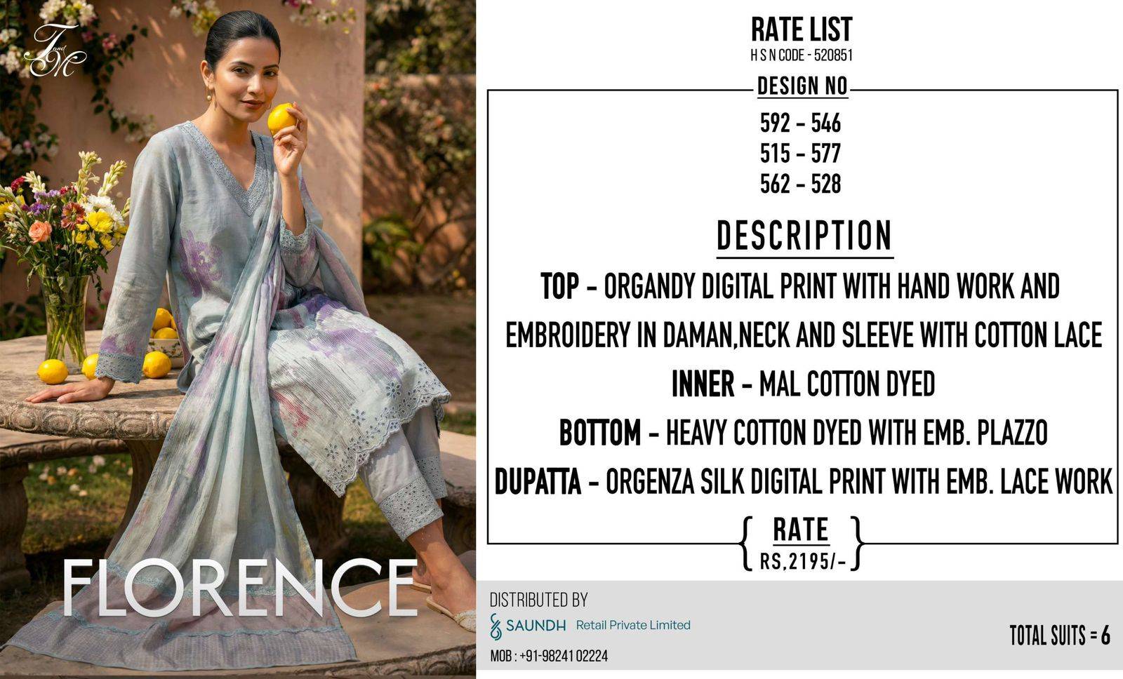 FLORENCE By T&M 515 TO 521 Beautiful Festive Suits Stylish Colorful Fancy Casual Wear Organdy Digital Print Dresses At Wholesale Price